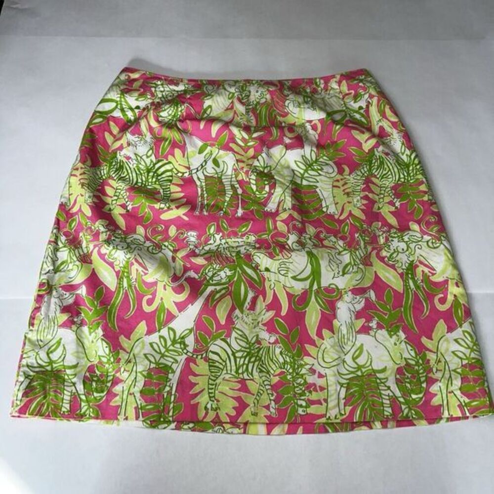 Lilly‎ Pulitzer Skirt Pink Green Floral Animal Print Elephant Giraffe Zebra Sz 4